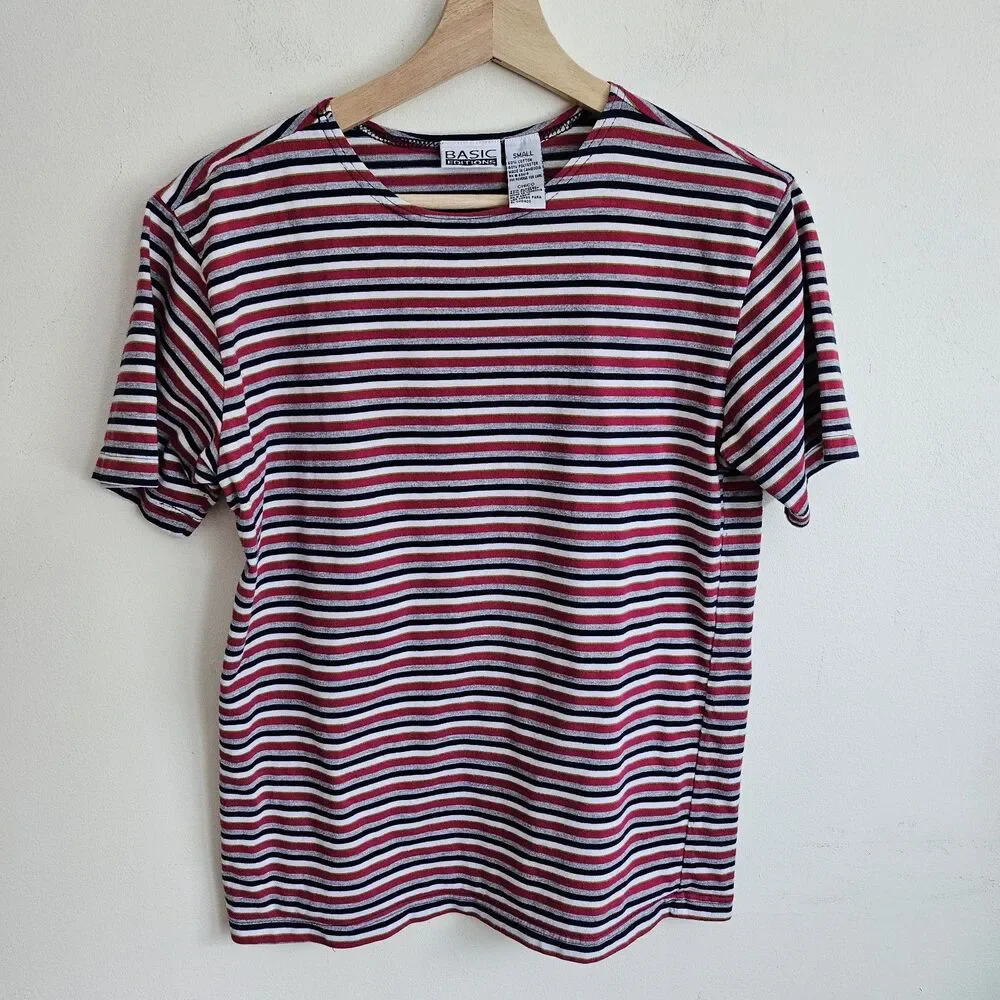 Vtg Basic Editions Women's Red Striped Short Sleeves Pullover T Shirt Size Small